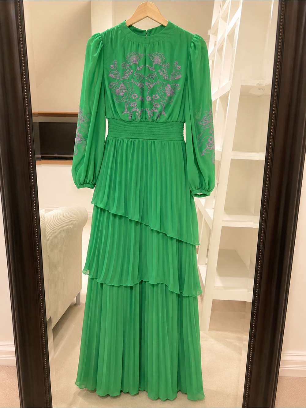 Elegant Green Tiered Maxi Dress with Embroidered Bodice